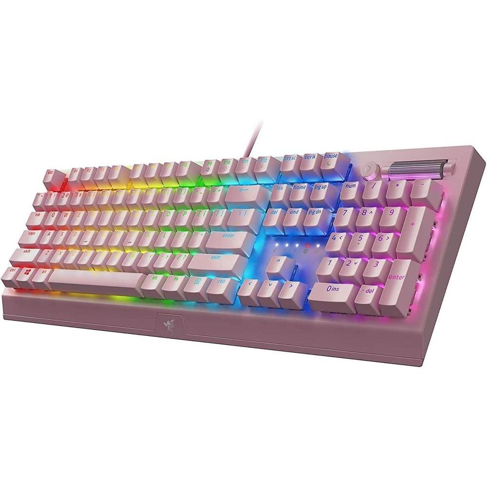 Teclado mecánico Razer BlackWidow V3 con teclas verdes táctiles y sonoras, iluminación RGB Chroma, funciones macro, color cuarzo rosa