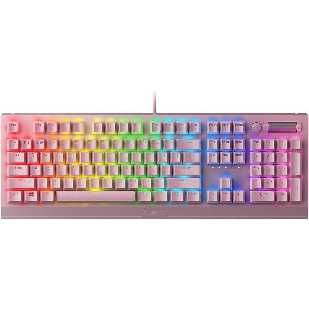 Teclado mecánico Razer BlackWidow V3 con teclas verdes táctiles y sonoras, iluminación RGB Chroma, funciones macro, color cuarzo rosa