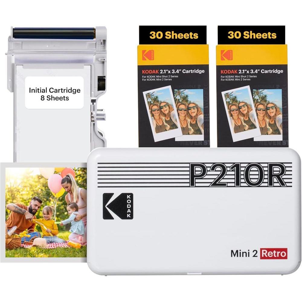 KODAK Mini 2 Retro 4PASS Portable Photo Printer, 2.1x3.4 inches, 68 Sheets Bundle, White