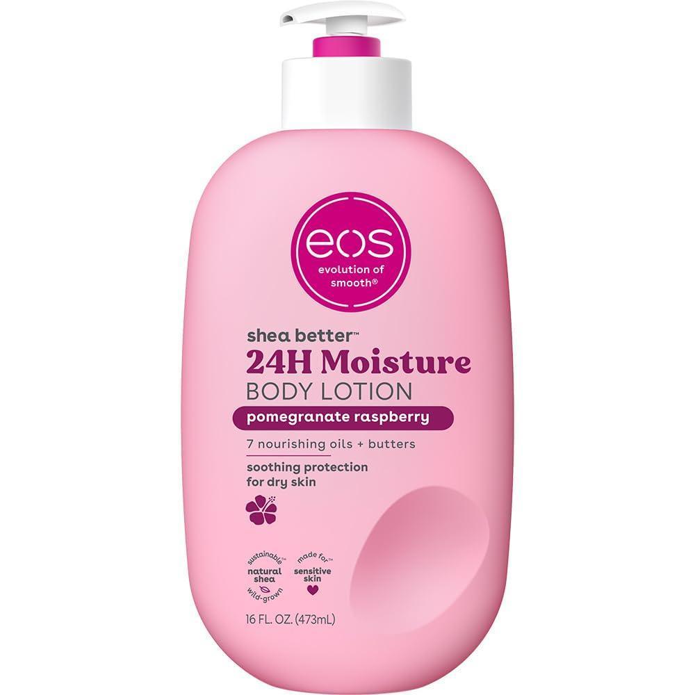 eos Shea Better Loción corporal Granada Frambuesa, cuidado de la piel con humedad las 24 horas, ligera y no grasosa, karité natural, vegano, 16 onzas líquidas