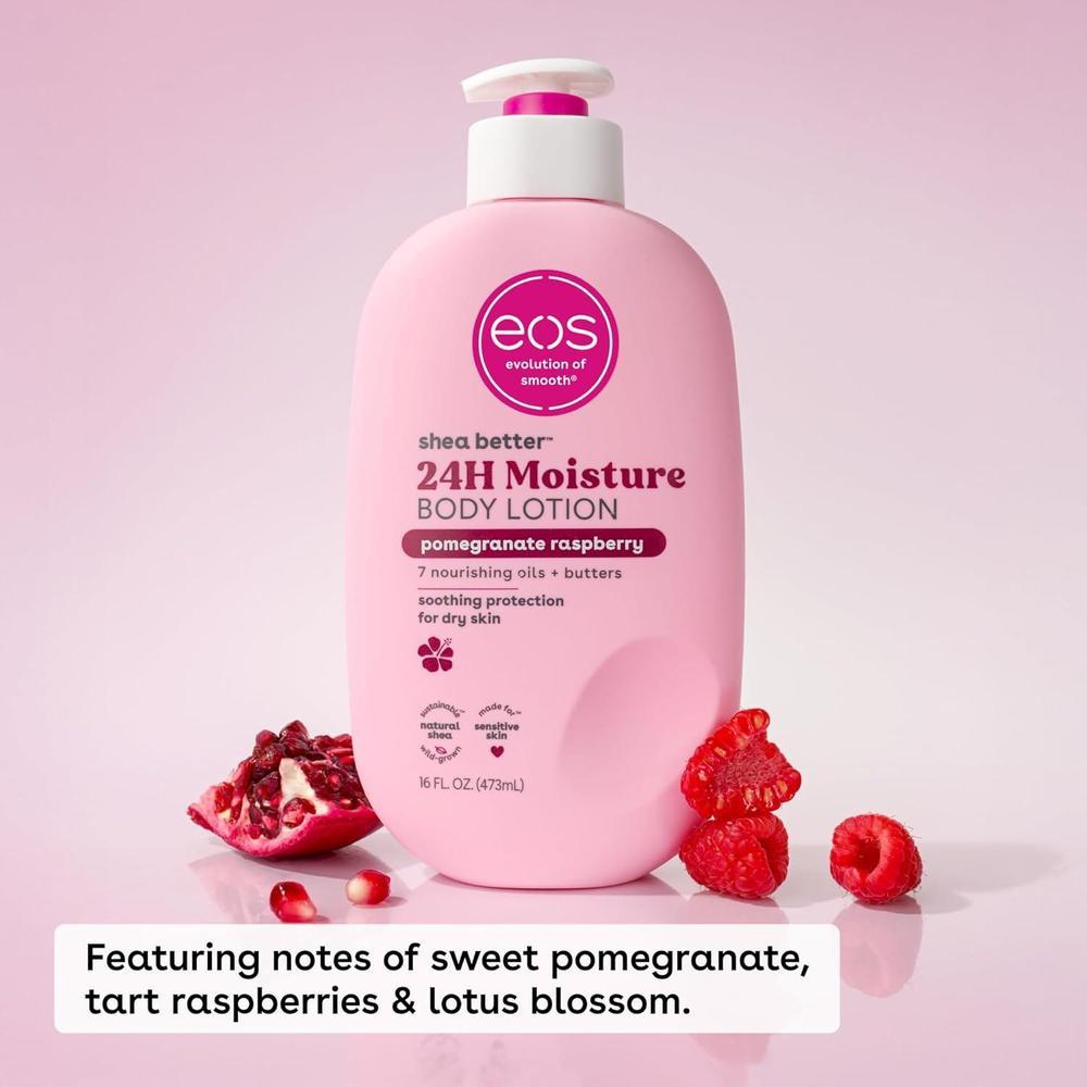 Eos Shea Better Loción corporal de granada frambuesa, cuidado de la piel las 24 horas, ligera y no grasosa, karité natural, vegano