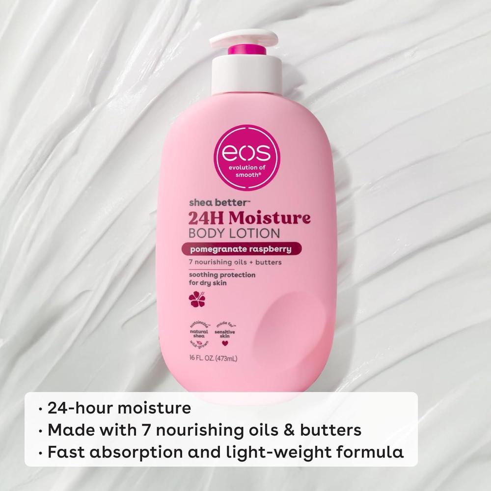 Eos Shea Better Loción corporal de granada frambuesa, cuidado de la piel las 24 horas, ligera y no grasosa, karité natural, vegano
