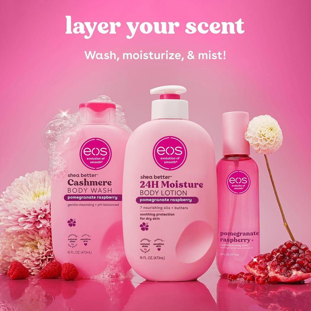 Eos Shea Better Loción corporal de granada frambuesa, cuidado de la piel las 24 horas, ligera y no grasosa, karité natural, vegano