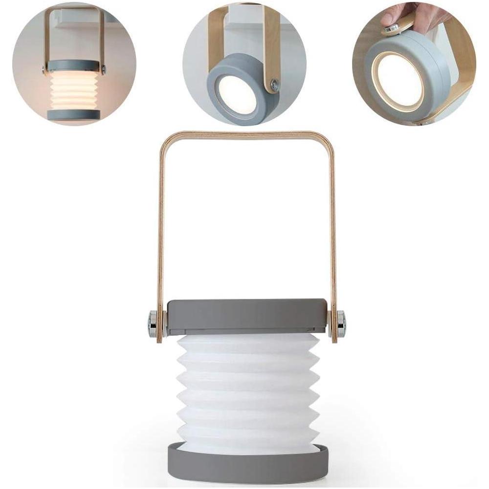 4-in-1 Foldable Table Lamp,USB Retractable LED Light,Wooden Handle Portable Lantern Light and Flashlight,Touch Control Dimmable 3 Level Brightness Night Light for Reading, Outdoor Camping (Grey)