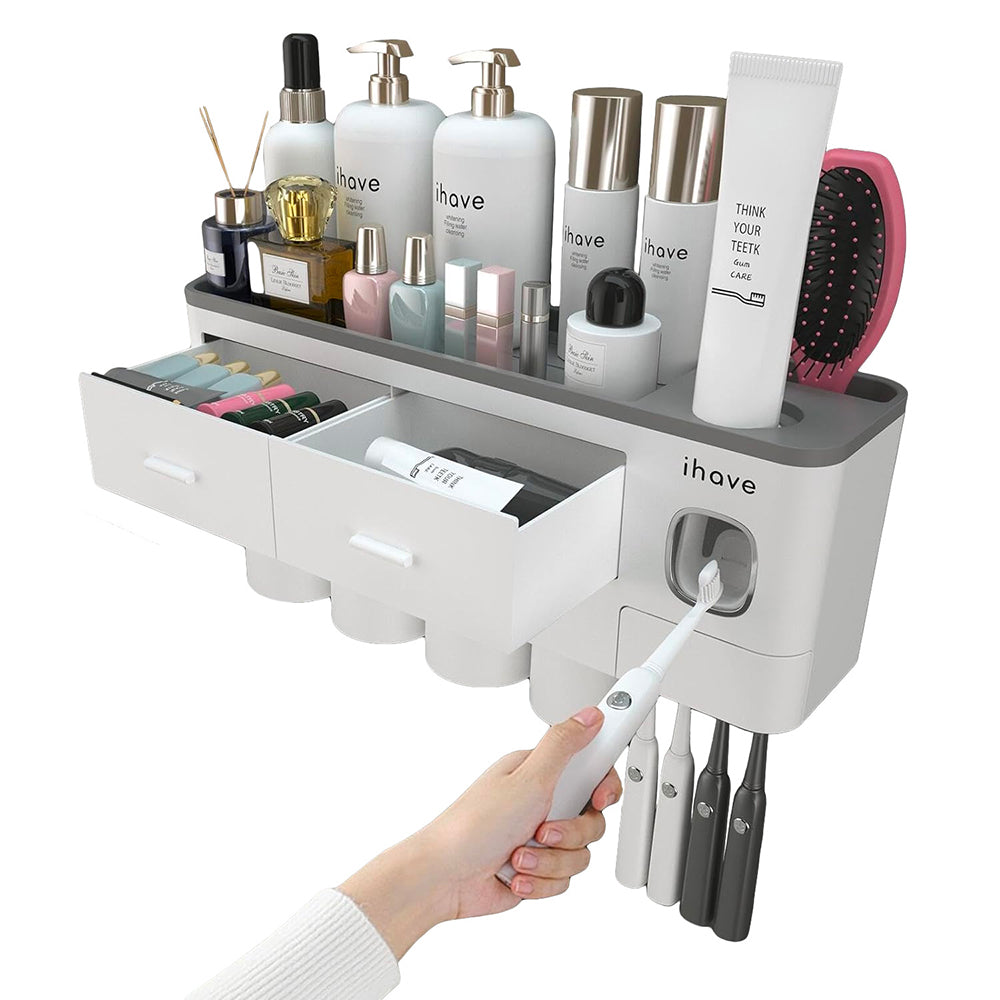 iHave Toothbrush Holders for Bathrooms, 4 Cups Toothbrush Holder Wall Mounted with Toothpaste Dispenser - Large Capacity Tray, 2 Cosmetic Drawer - Bathroom Organizer & Bathroom Accessories Set