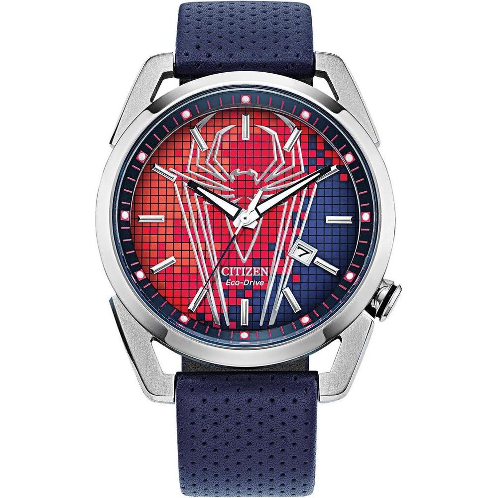Citizen Eco-Drive Men's Marvel Spider Man Watch in Stainless Steel with Blue Polyurethane Strap, Spider Man Art Blue Dial, 3-Hand Date, 42mm (Model: AW1680-03W)