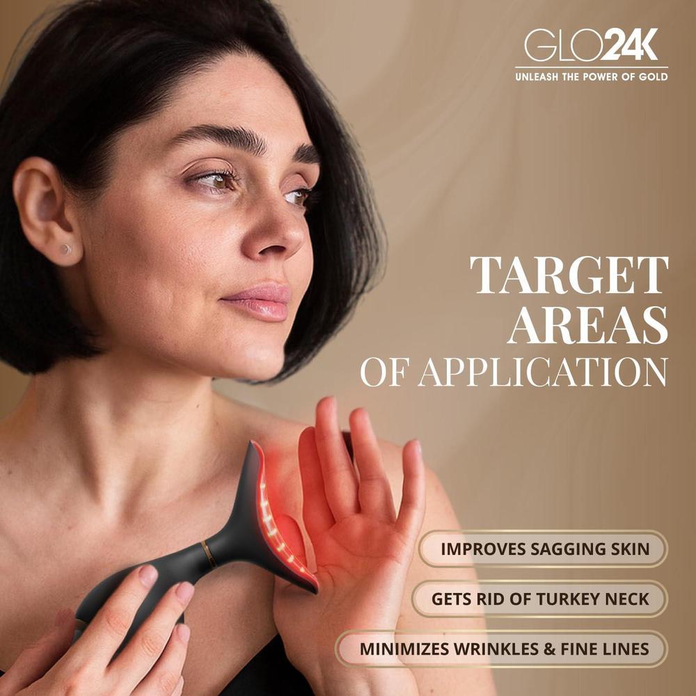 GLO24K Dispositivo facial y cuello con luz roja, masajeador 3 en 1 con vibración y LED para revitalizar y reafirmar la piel