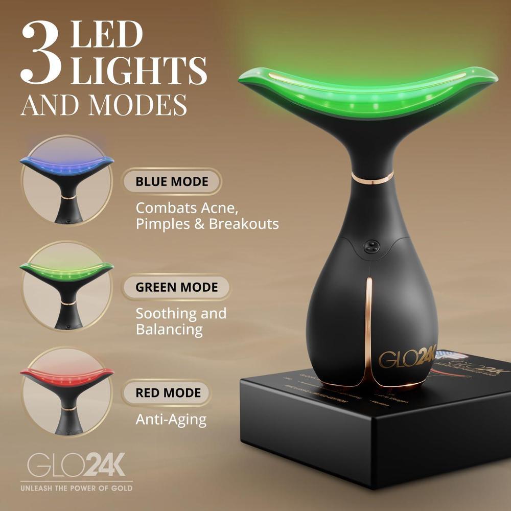 GLO24K Dispositivo facial y cuello con luz roja, masajeador 3 en 1 con vibración y LED para revitalizar y reafirmar la piel