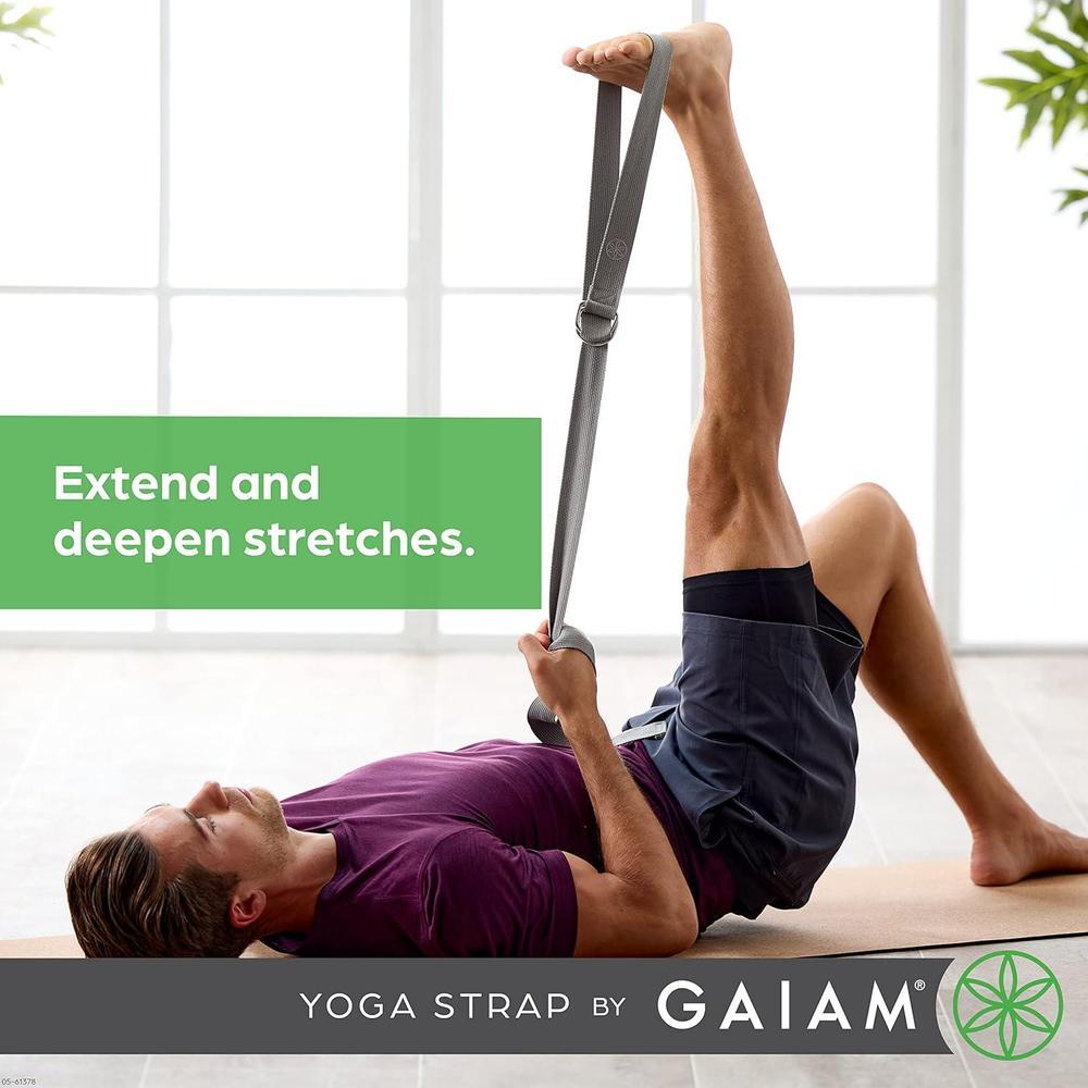 Gaiam Correa de yoga de alta calidad con hebilla de anillo en D metal ajustable, ideal para estiramiento y fitness, longitud 182.88 cm.