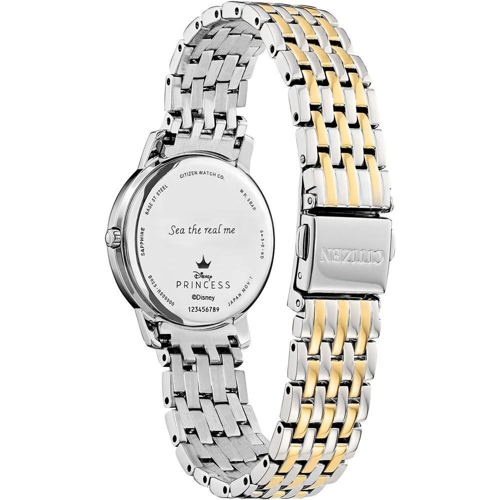 Citizen Eco-Drive Disney Princess Ariel Reloj con diamantes tono dorado, esfera azul de cristal de zafiro, modelo EX1499-50W