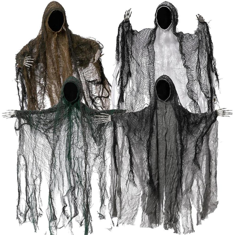 JOYIN 4 Pack 19'' Halloween Hanging Ghost Decoration Outdoor, Faceless Grim Reaper Set with Posable Arms in Dark Horror Robe for Halloween Tree, Yard, Patio, Haunted House, Party Decorations