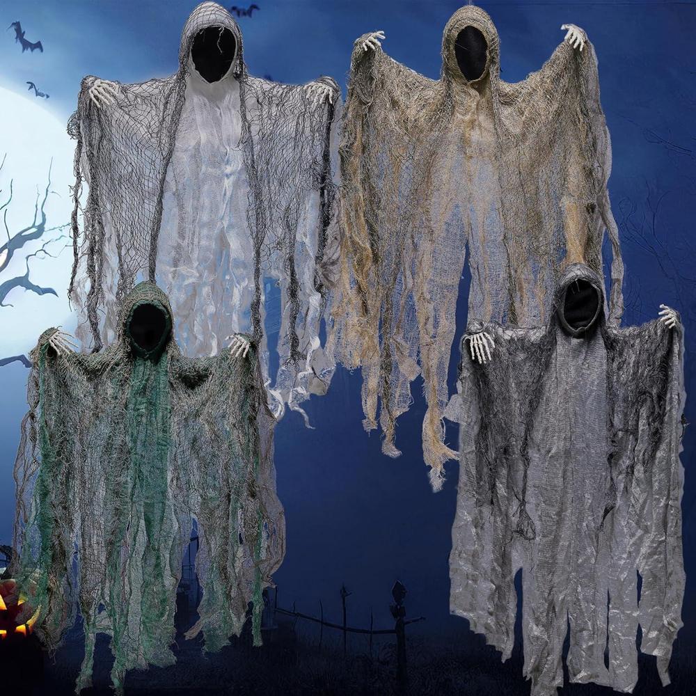 JOYIN Paquete de 4 fantasmas colgantes sin rostro para Halloween, ideal para exteriores y fiestas temáticas