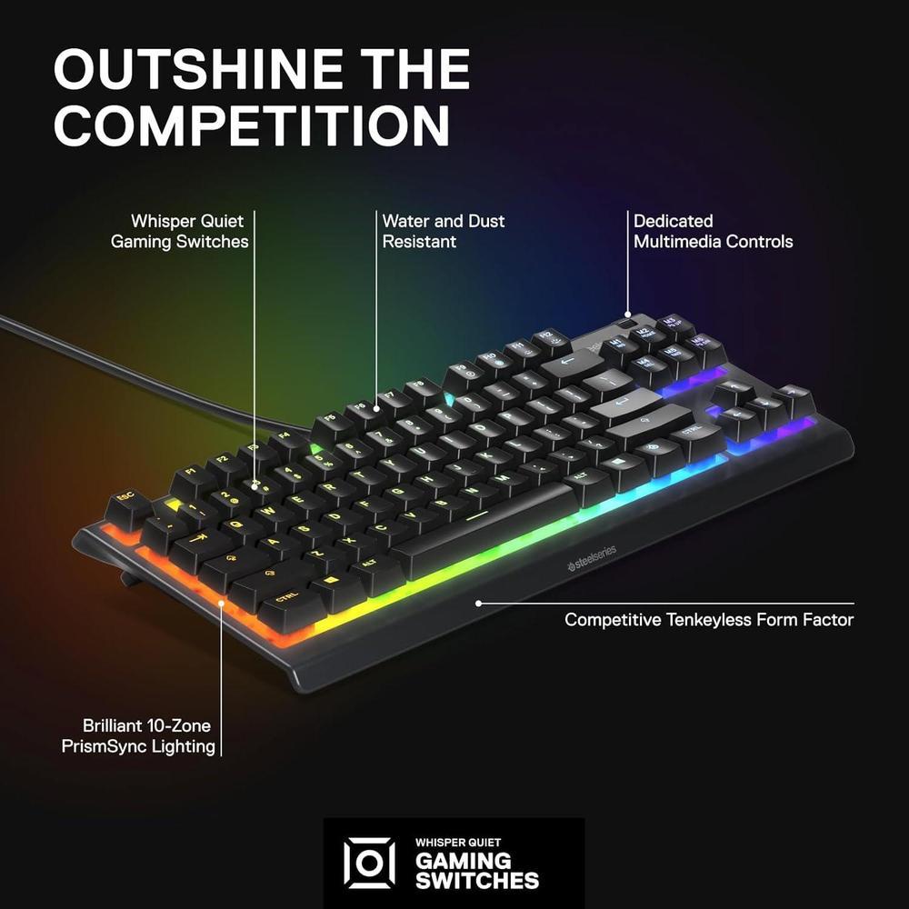 SteelSeries Apex 3 TKL RGB, teclado para juegos; compacto, iluminación RGB, resistente al agua y polvo, silencioso