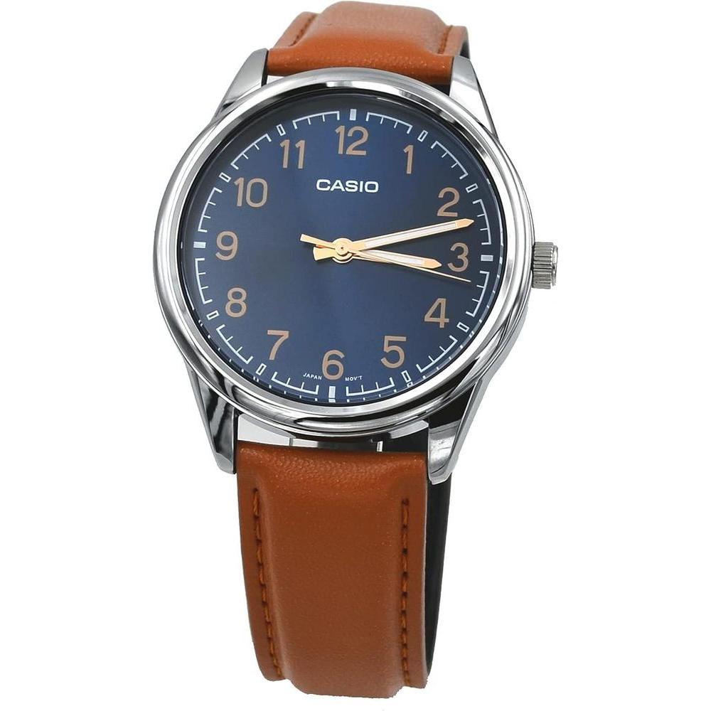 Casio MTP-V005L-2B4 Men's Standard Analog Tan Leather Band Blue Numbers Dial Watch