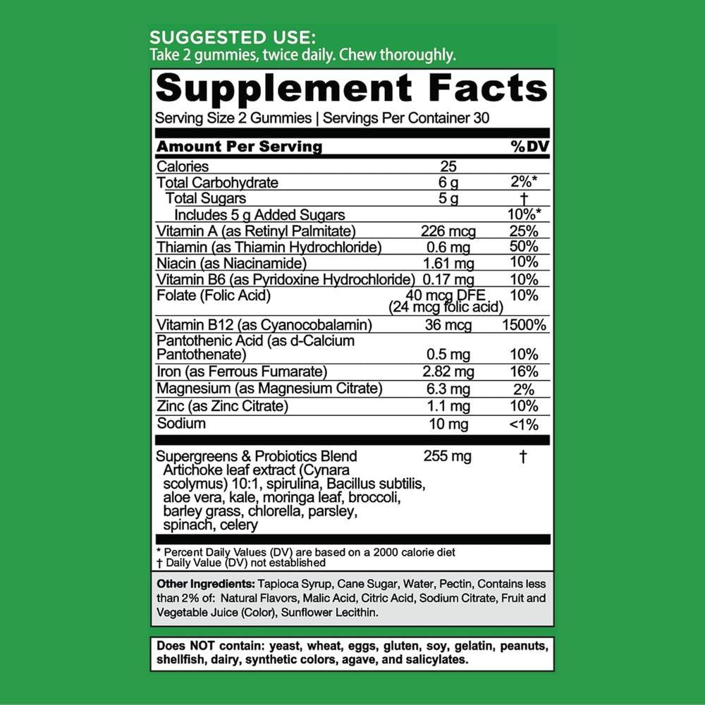 Goli Gomitas Supergreens con Probióticos, Extracto de Alcachofa, Espirulina y Col Rizada, Vitaminas A, B6, B12, Veganas y Sin Gluten