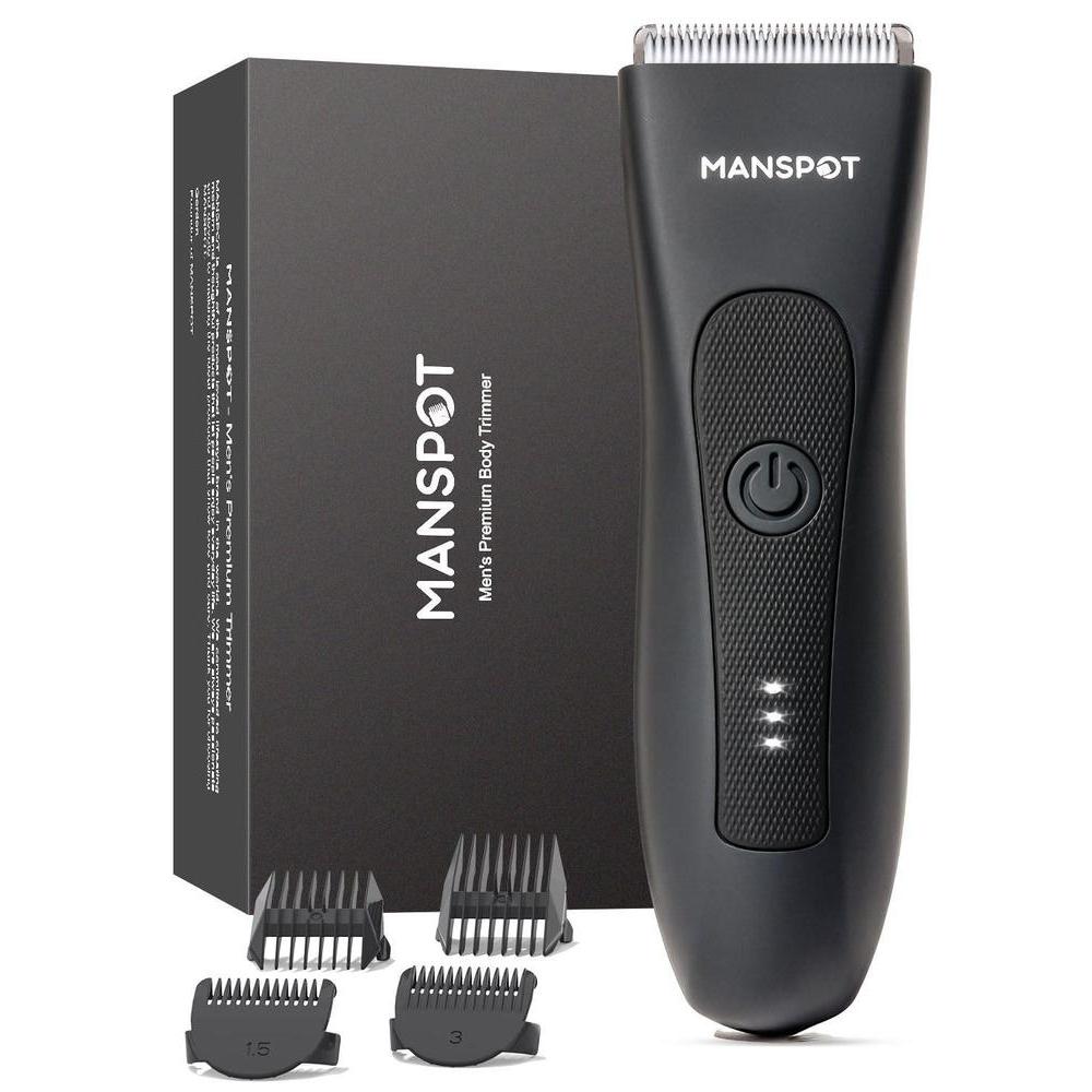 MANSPOT Manscape - Recortadora de pelo de ingle y vello púbico p/hombres, afeitadora eléctrica, con 4 protectores, cabezales de cuchilla de cerámica reemplazables, impermeable, en húmedo/seco, 90 min