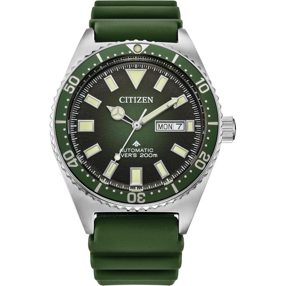 Citizen Men's Promaster Dive Automatic 3-Hand Stainless Steel on Green Polyurethane Strap Watch, Day Date, Luminous, 41mm