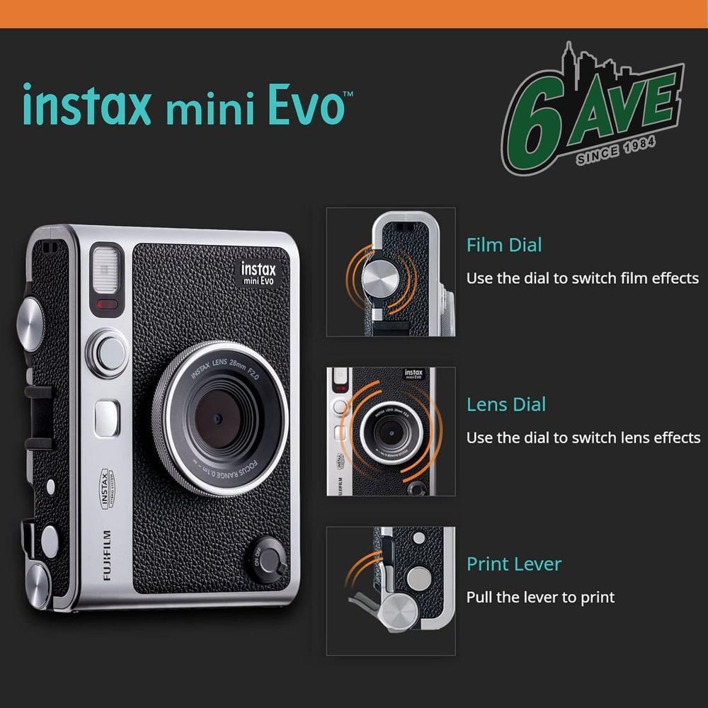 Fujifilm Instax Mini EVO Cámara Híbrida Instantánea Paquete con Película, Tarjeta de Memoria y Estuche