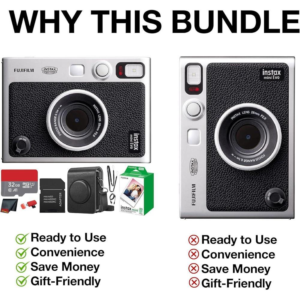 Fujifilm Instax Mini EVO Cámara Híbrida Instantánea Paquete con Película, Tarjeta de Memoria y Estuche