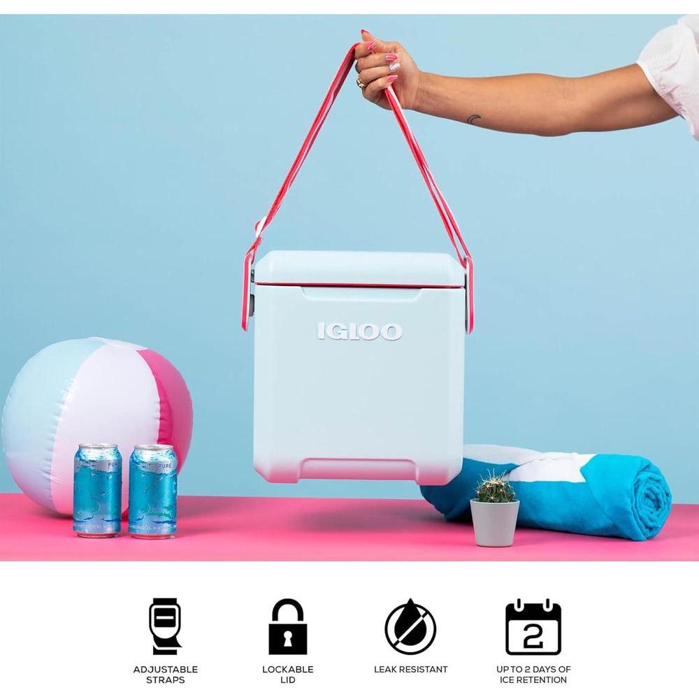 Enfriador Igloo estilo picnic con correa ajustable y aislamiento MaxCold, ideal para bebidas deportivas y botellas