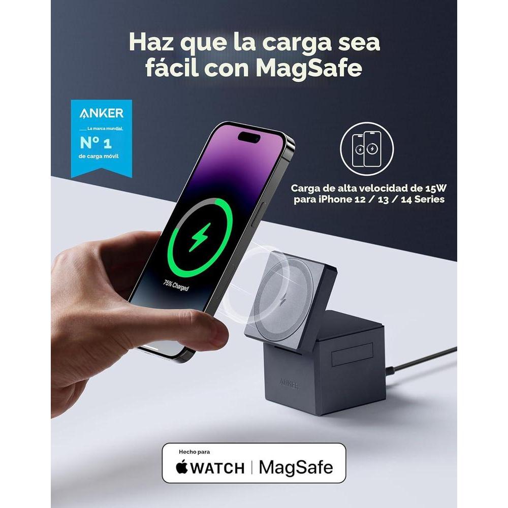 Anker Soporte cargador 3 en 1 con MagSafe para iPhone y Apple Watch, diseño plegable con carga rápida de 15W