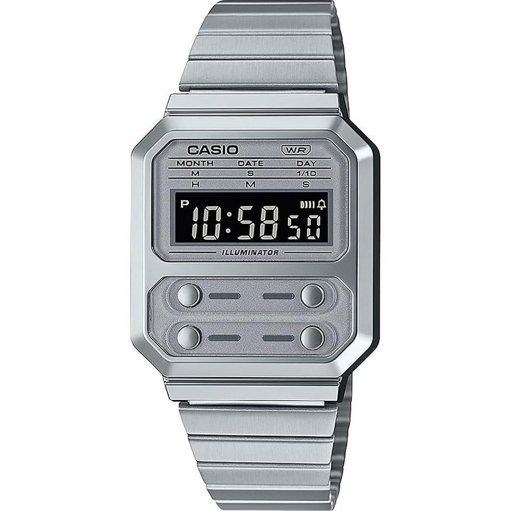 Casio A100WE-7B Men's Vintage Collection Silver Tone Alarm Chronograph Backlight Digital Watch