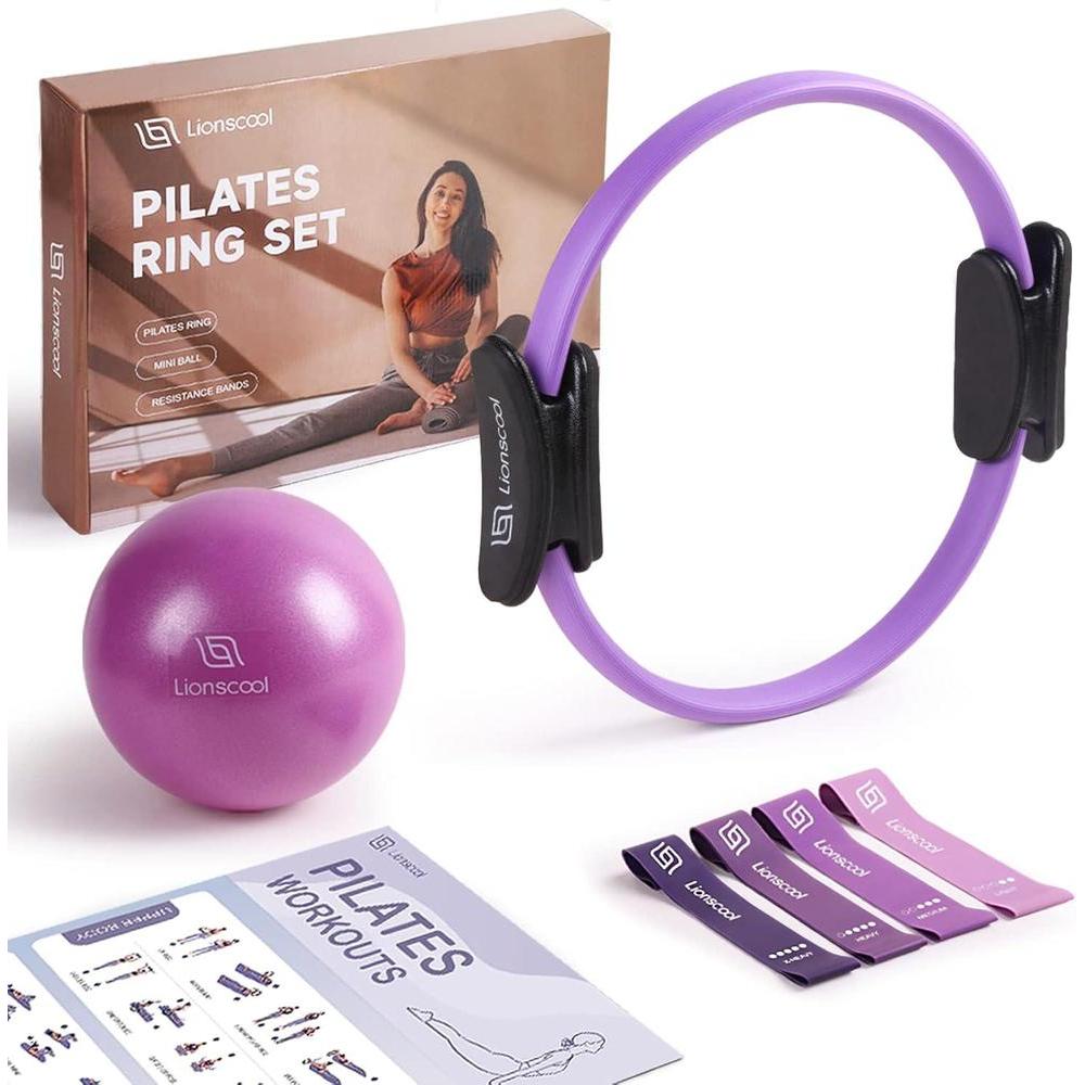 LIONSCOOL Pilates Ring Set - Premium Anti-Deformation 14”Magic Circle with Dual Padded Handles - Includes Burst Resistant Pilates Mini Ball & Highly Elastic Resistance Bands & Workout Guide & Bag