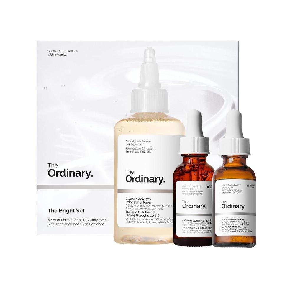 The Ordinary Bright Set, régimen facial 3 pasos con ácido glicólico, arbutina y cafeína para tono radiante y uniforme