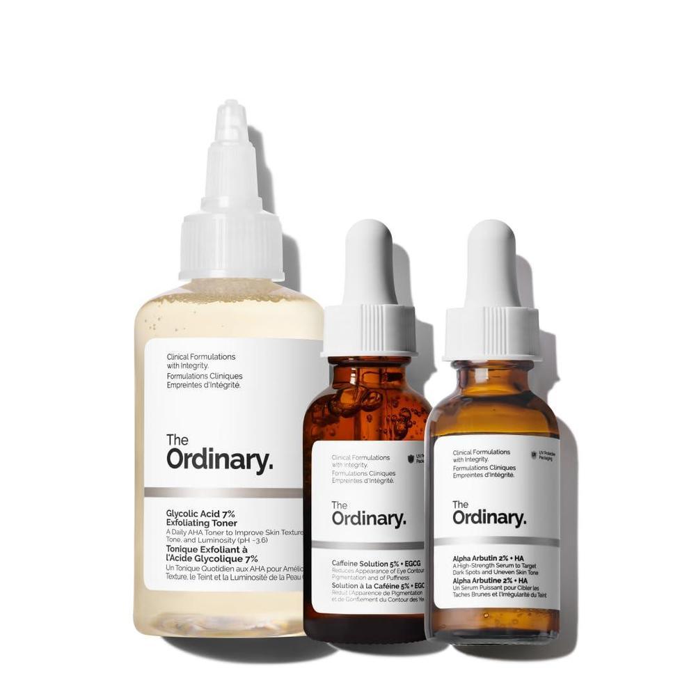 The Ordinary Bright Set, régimen facial 3 pasos con ácido glicólico, arbutina y cafeína para tono radiante y uniforme