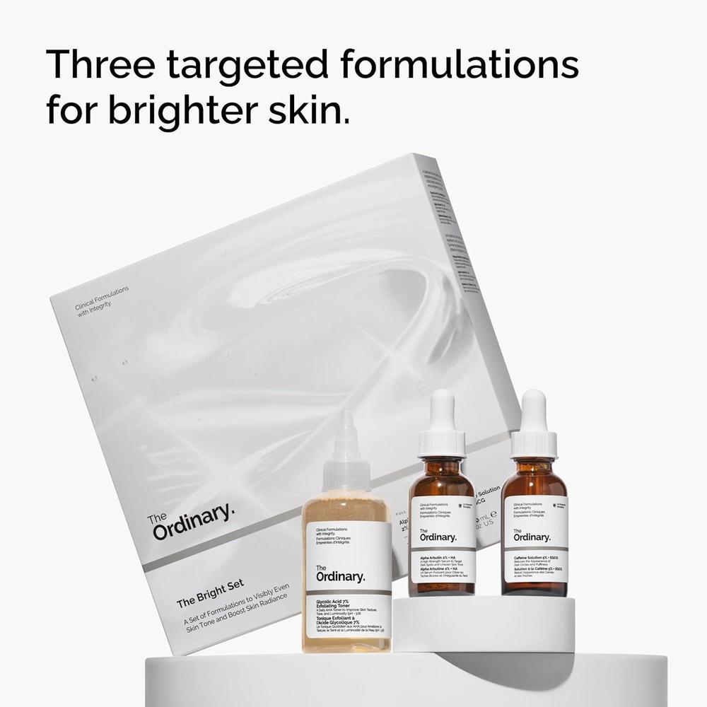 The Ordinary Bright Set, régimen facial 3 pasos con ácido glicólico, arbutina y cafeína para tono radiante y uniforme