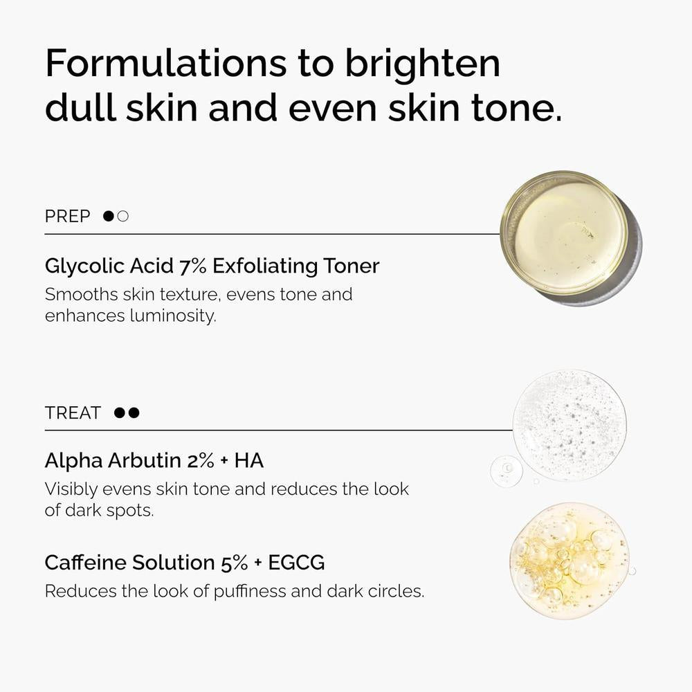 The Ordinary Bright Set, régimen facial 3 pasos con ácido glicólico, arbutina y cafeína para tono radiante y uniforme