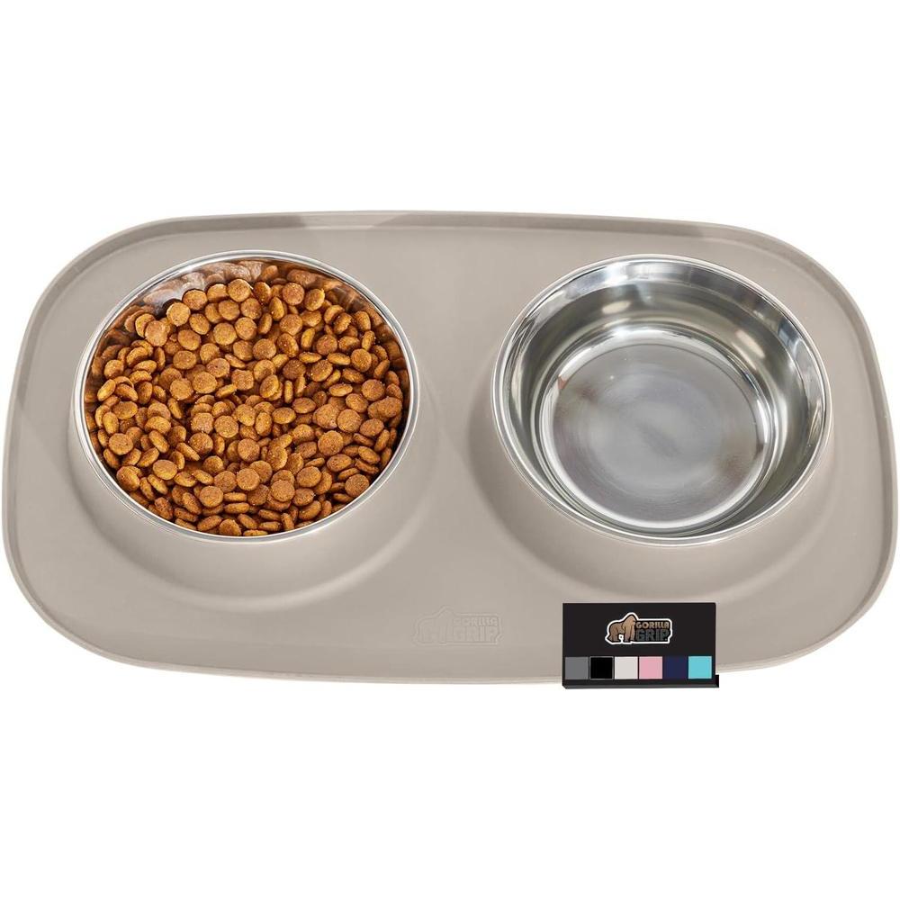 Gorilla Grip 100% Waterproof BPA Free Cat and Dog Bowls Silicone Feeding Mat Set, Stainless Steel Bowl Slip Resistant Raised Edges, Catch Water, Food Mess, No Spills, Pet Accessories, 3 Cup, Beige