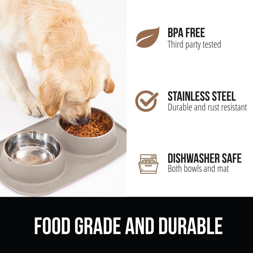 Juego de cuencos Gorilla Grip de acero inoxidable y alfombrilla de silicona para gatos y perros, antideslizantes y duraderos