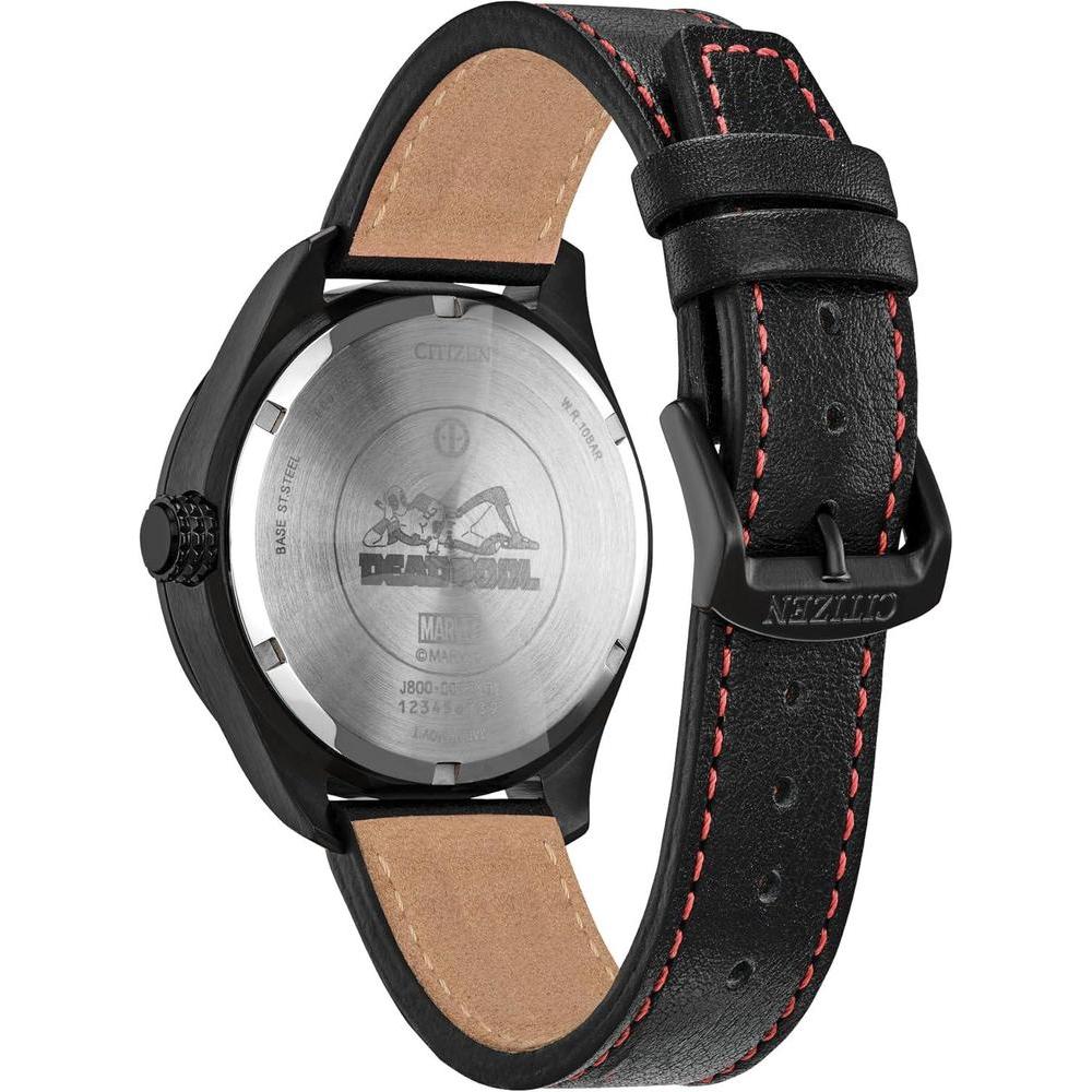 Citizen Eco-Drive Marvel 'Here Comes Deadpool', caja de acero inoxidable negro, correa y esfera negra de cuero