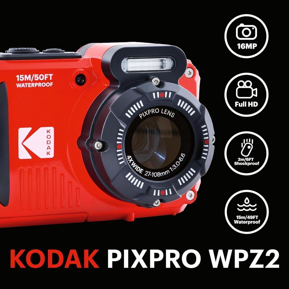 Cámara digital KODAK PIXPRO WPZ2 resistente al agua con zoom óptico 4X, pantalla LCD y video Full HD, color rojo