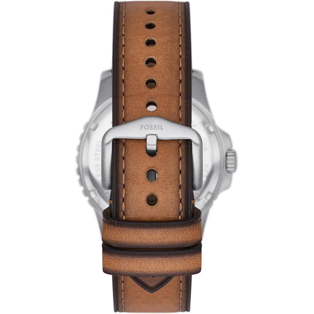 Reloj de pulsera Fossil para hombre, diseño acero inoxidable con correa de cuero marrón y resistencia al agua