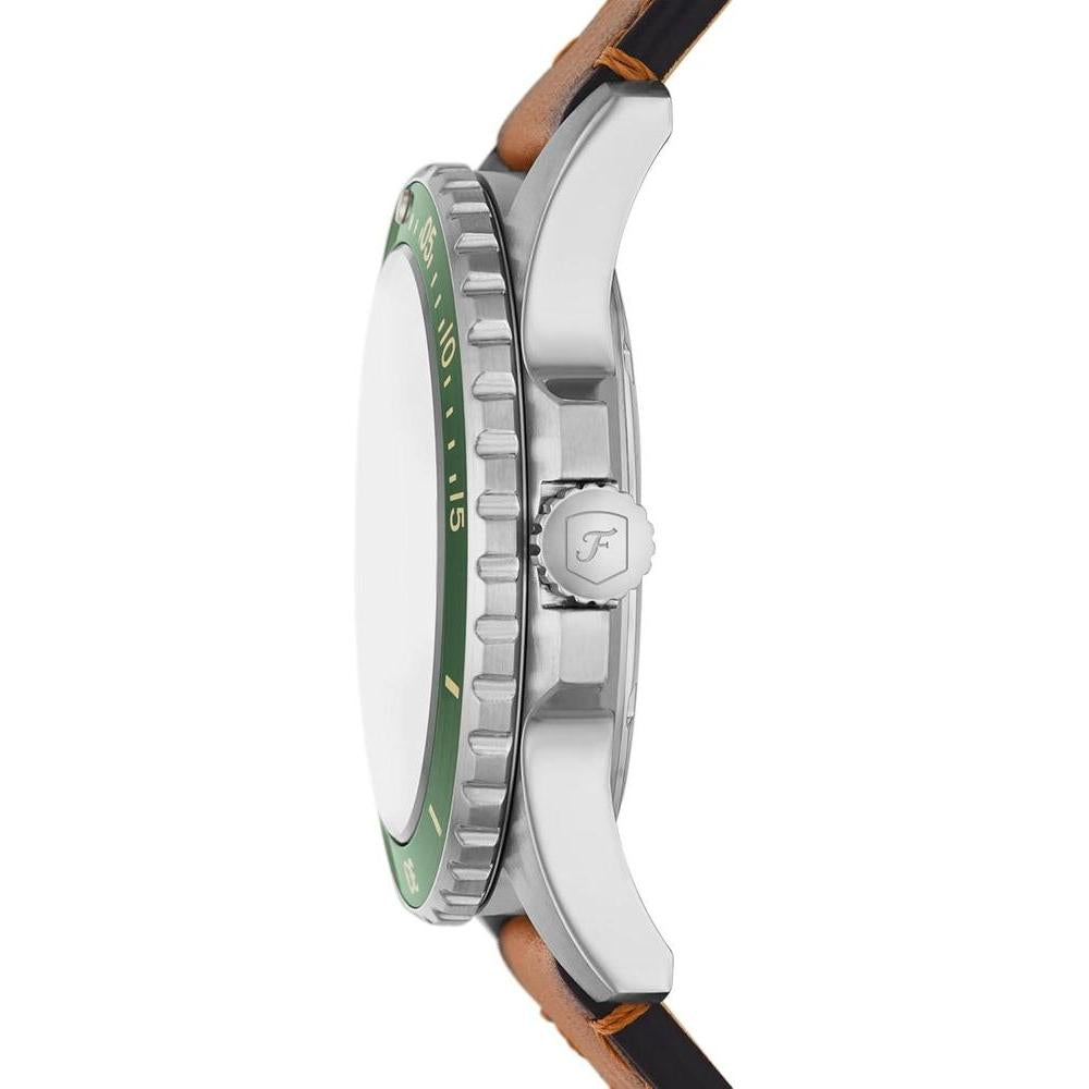Reloj de pulsera Fossil para hombre, diseño acero inoxidable con correa de cuero marrón y resistencia al agua