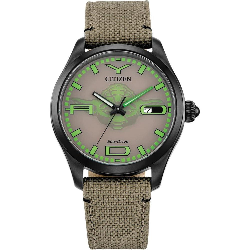 Citizen Eco-Drive Men's Star Wars Yoda "Judge me by my size, do you?" Black IP Watch, Cordura Strap, Luminous, 42mm (Model: BM6839-06W)