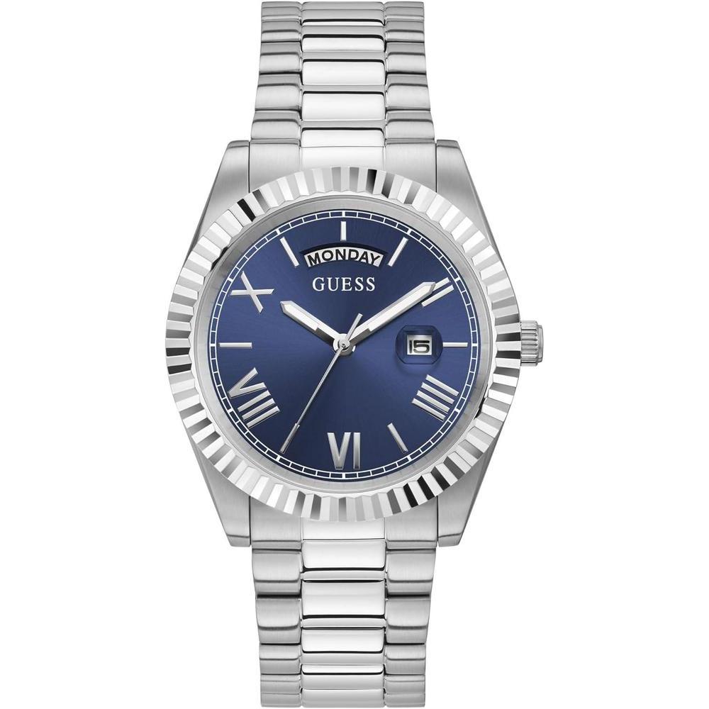 GUESS Silver-Tone and Blue Textured Analog Watch