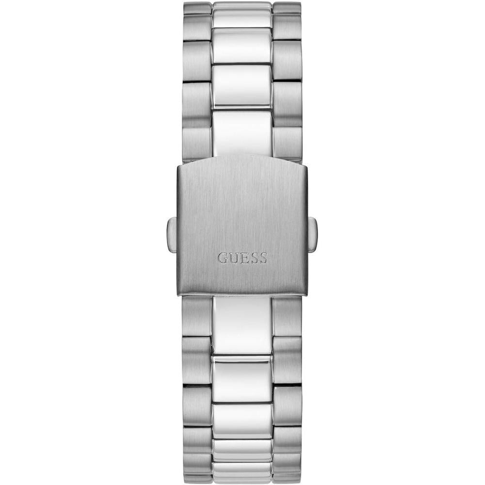 Reloj analógico GUESS con elegante diseño azul y plateado, pulsera de acero inoxidable y cierre de hebilla