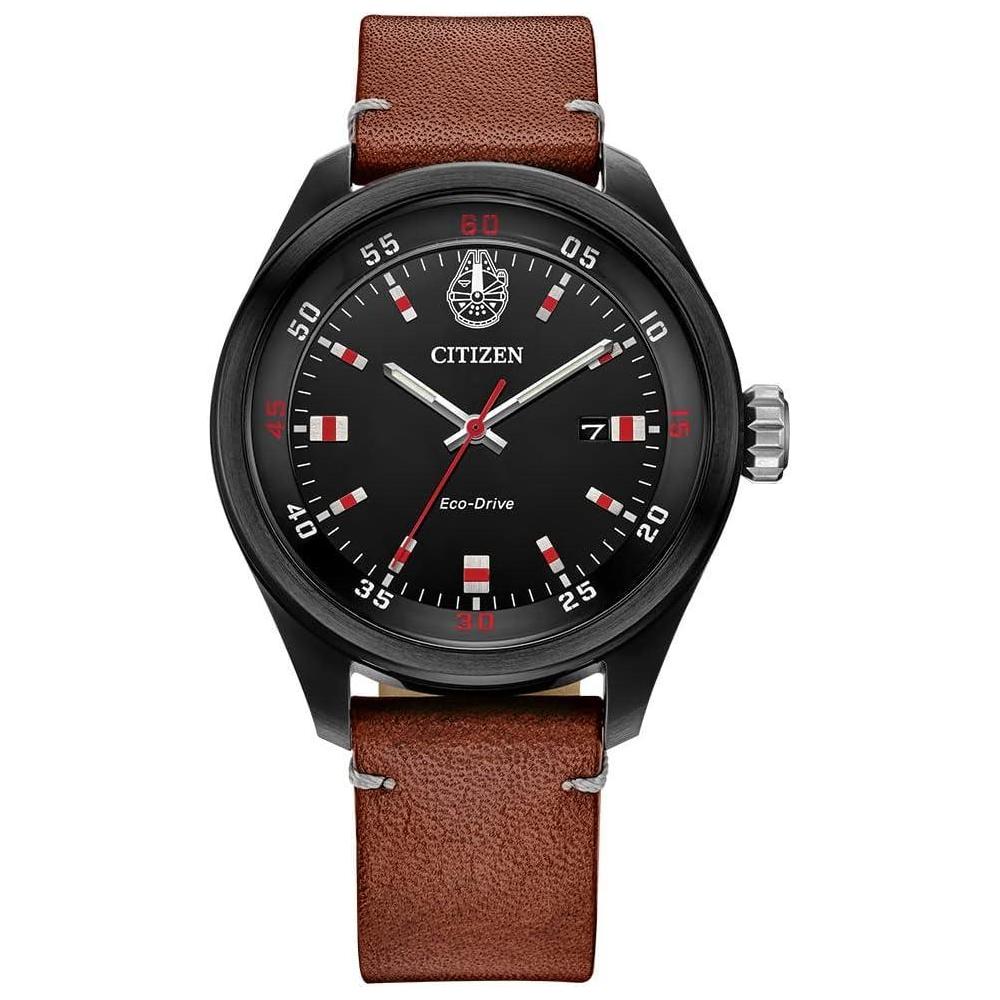 Citizen Eco-Drive Men's Star Wars Chewbacca Black IP Stainless Steel on Brown Leather Strap, 3-Hand Date, Luminous, 43mm (Model: AW5008-06W)