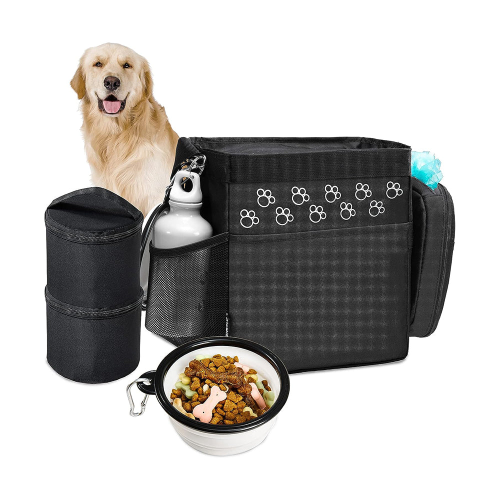 CLAWIST Bolsa de viaje para perros, bolsas para perros aprobadas por aerolíneas para viajes, 2 contenedores de viaje de comida para perros y cuencos plegables, bolsas de viaje para perros de fin de semana para suministros, accesorios de viaje para mascotas durante la noche