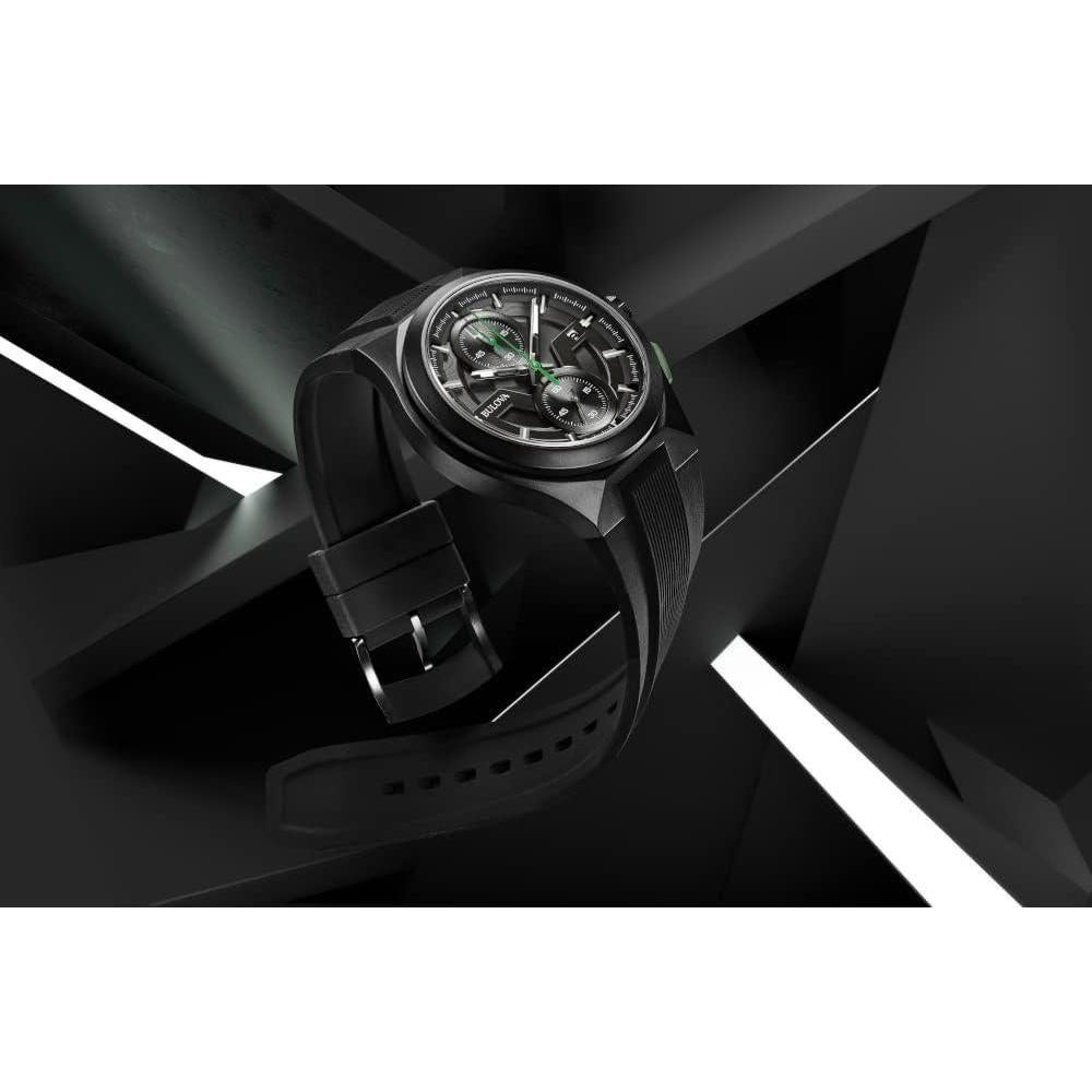 Bulova Maquina Sport - Reloj de cuarzo para hombre con caja de acero inoxidable negro, cronógrafo 6 manecillas y correa de silicona