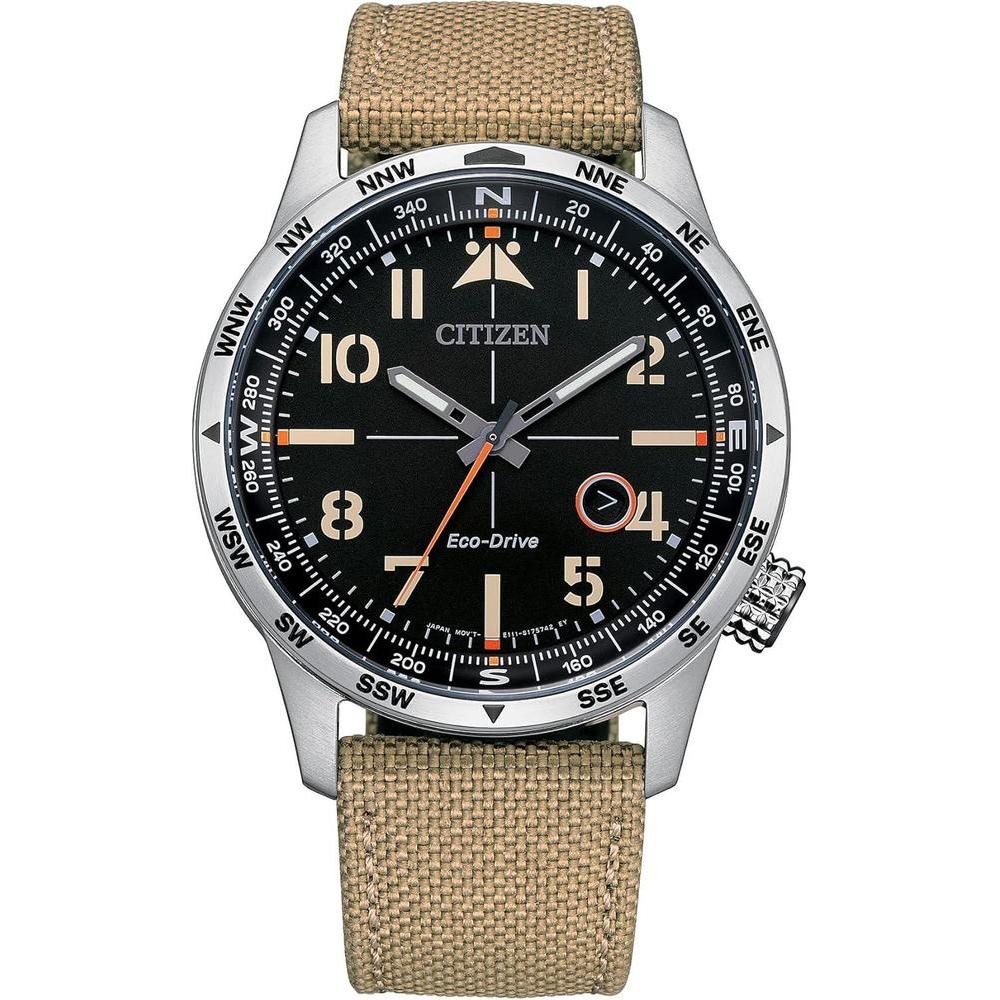 Citizen Men's Eco-Drive Weekender Avion Field Watch in Stainless Steel with Khaki Nylon Strap, Black Dial (Model: BM7550-01E)