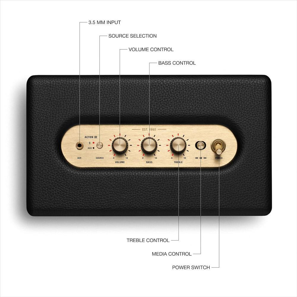Marshall Acton III - Altavoz Bluetooth para el hogar en color negro, con conectividad Bluetooth 5.2 y un diseño sostenible