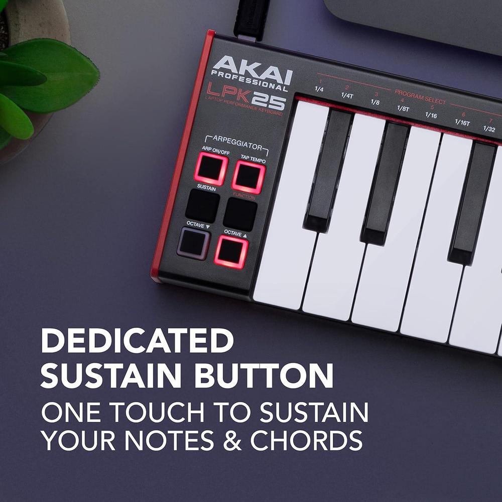 AKAI Profesional LPK25 - Controlador de teclado MIDI USB con 25 teclas sensibles para Mac y PC, arpegiador y software musicale