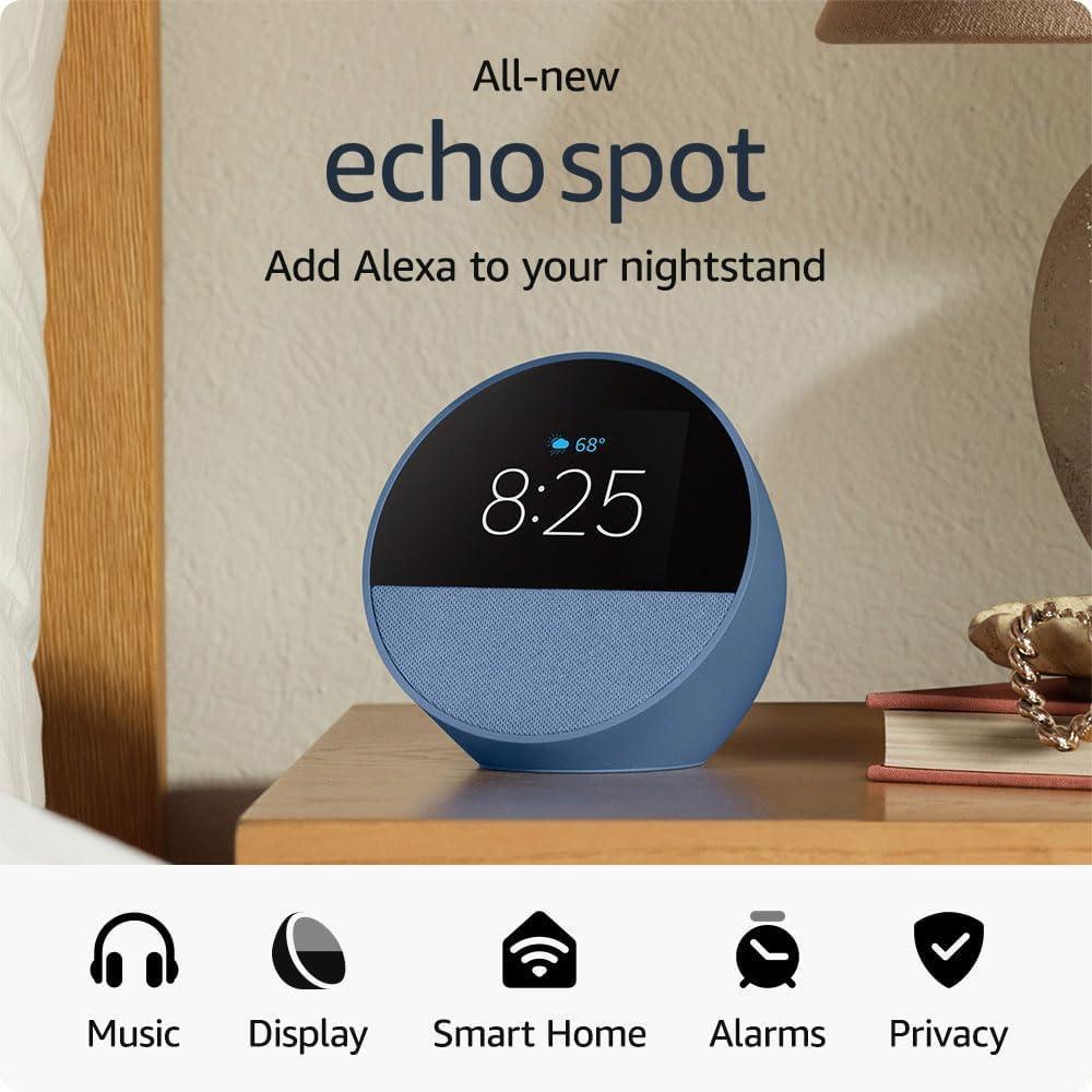 Nuevo Echo Spot 2024, despertador inteligente con Alexa y sonido vibrante, diseño azul oceánico y personalizable