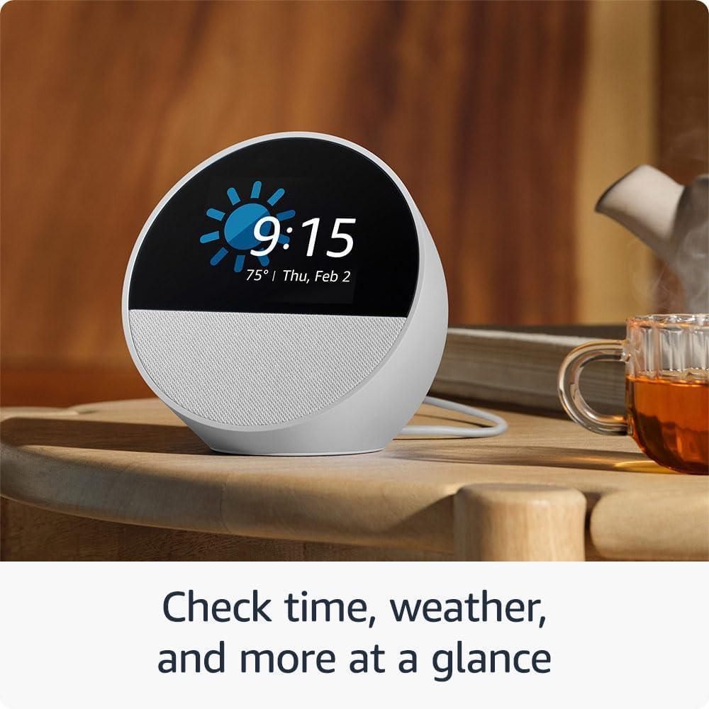 Nuevo Amazon Echo Spot 2024, despertador inteligente con sonido vibrante Blanco Glaciar con Alexa integrada