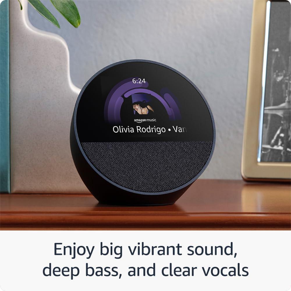 Nuevo Amazon Echo Spot 2024, despertador inteligente con sonido vibrante Blanco Glaciar con Alexa integrada
