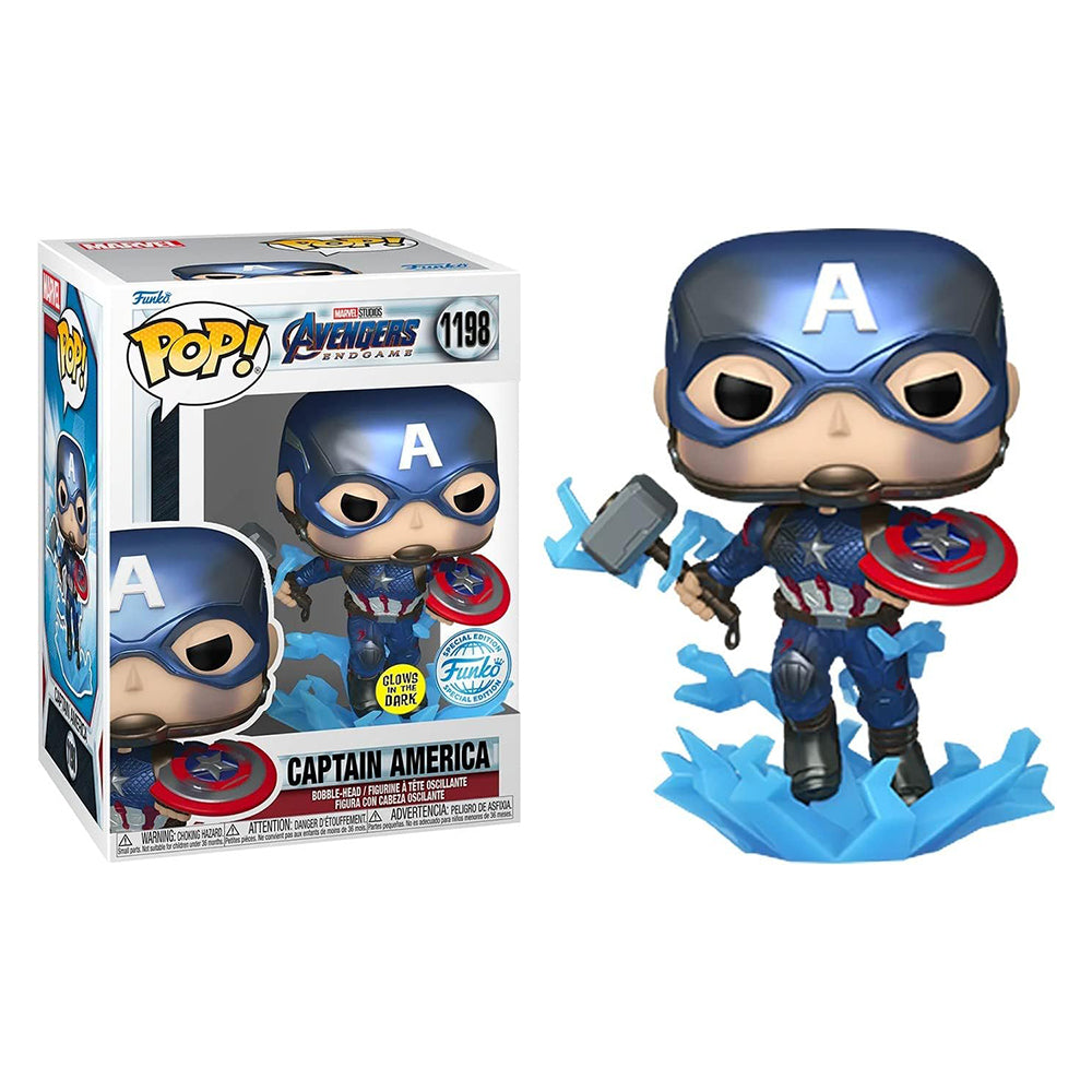 Funko POP! Marvel Avengers Endgame Captain America with Broken Shield & Mjolnir (Glow in The Dark & Metallic), Exclusive